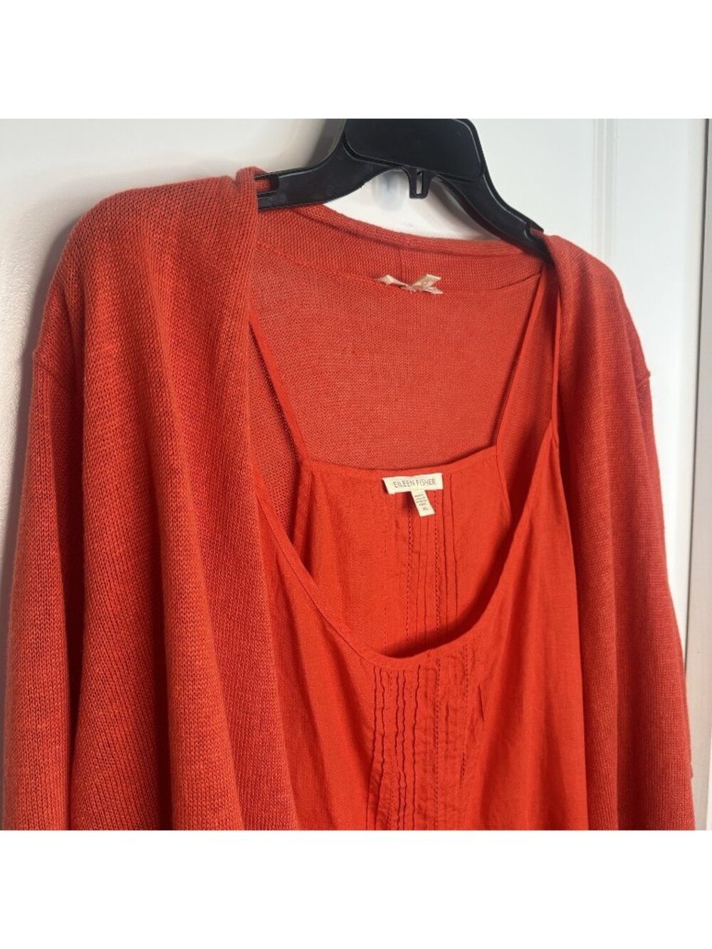 Eileen Fisher 100% Irish Linen Set Cami Dress + Cardigan Flame Orange Sz XL/2XL